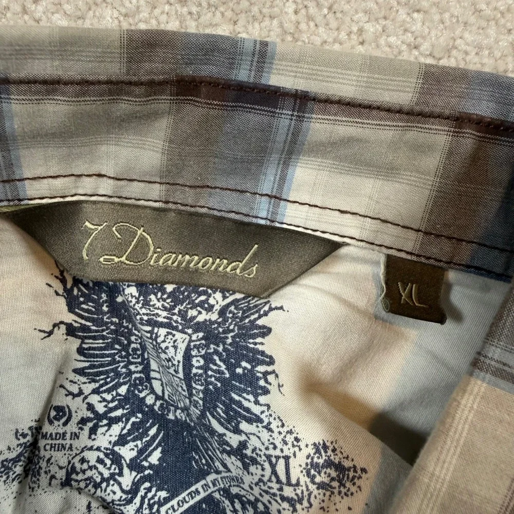 7 Diamonds Mens XL Blue Plaid Western Snap Button Embroidered Long Sleeve Shirt